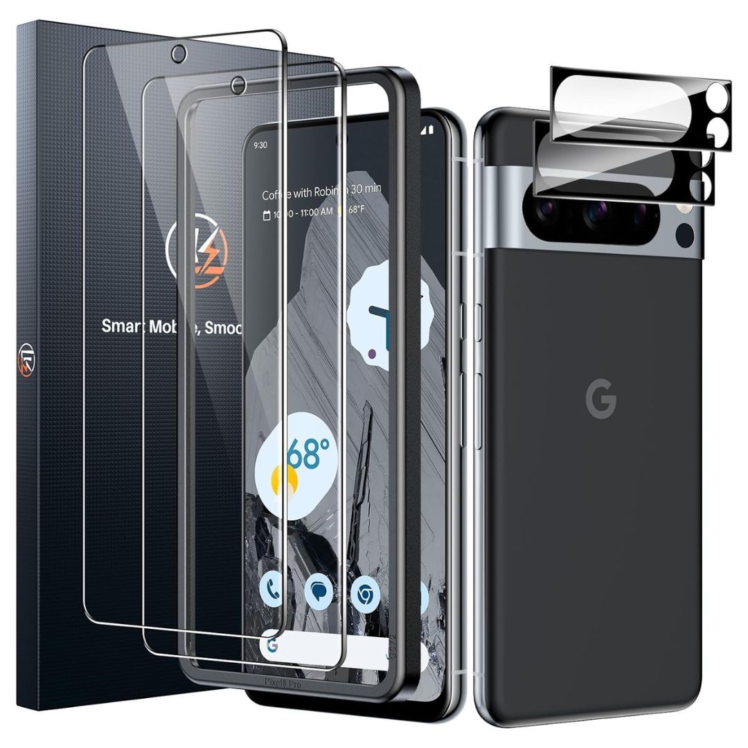 A black box with multiple screen protectors overlayed on the Pixel 8 Pro