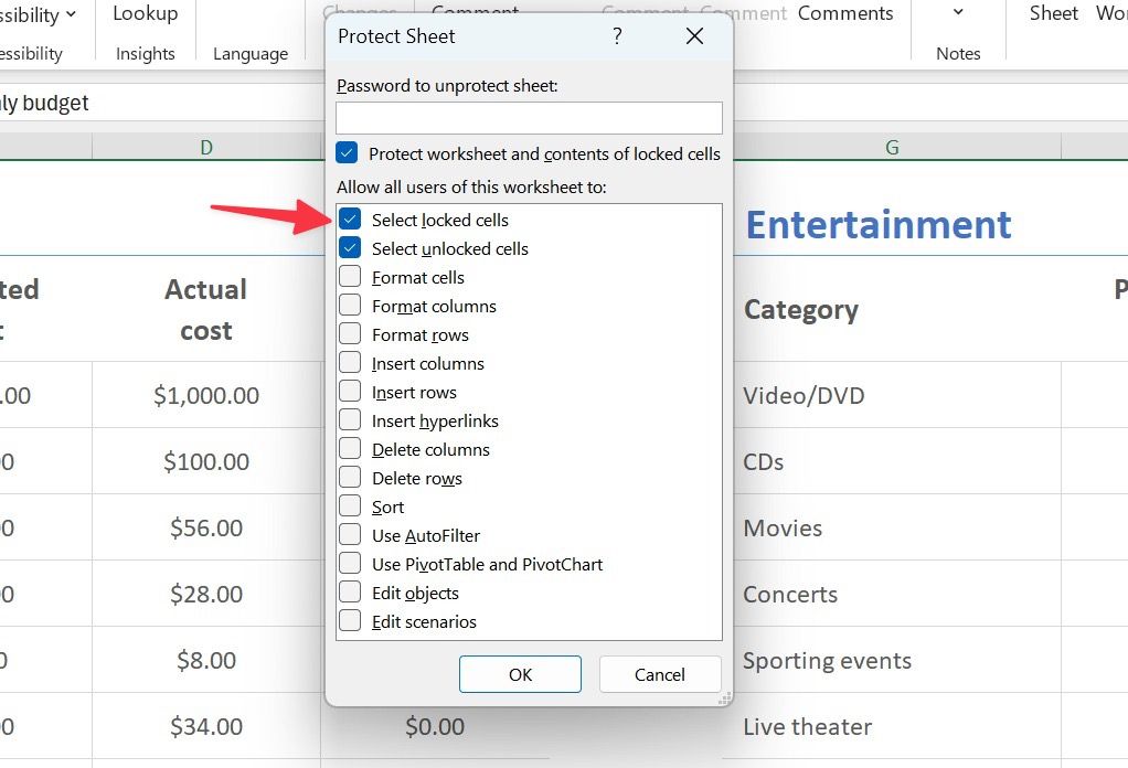 Excel sheet protection options