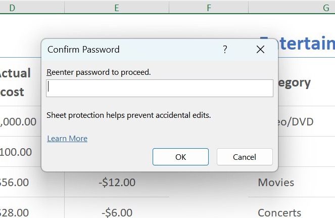 Confirm password for excel sheet protection