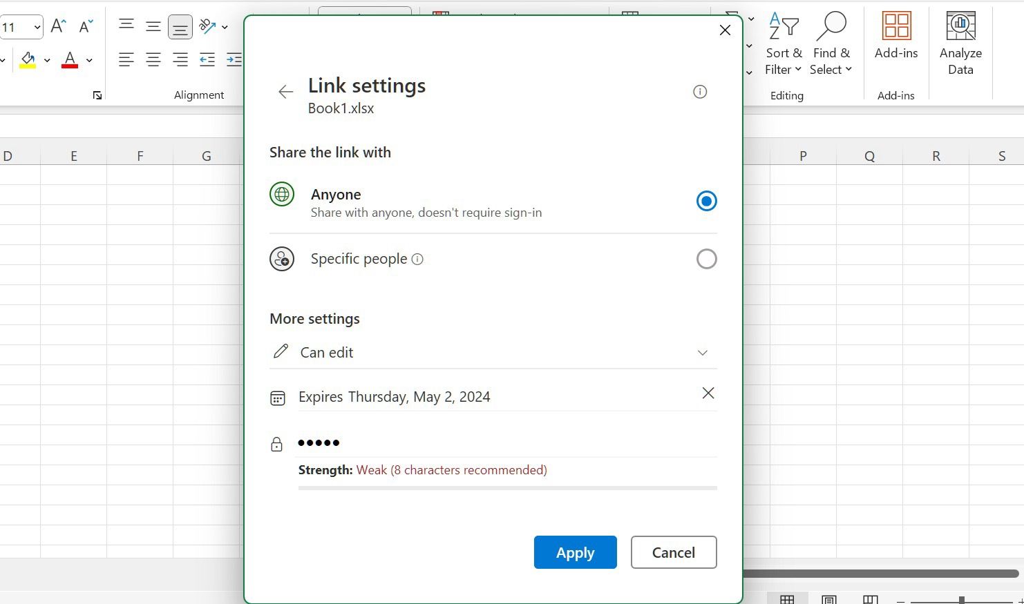 Excel link settings 