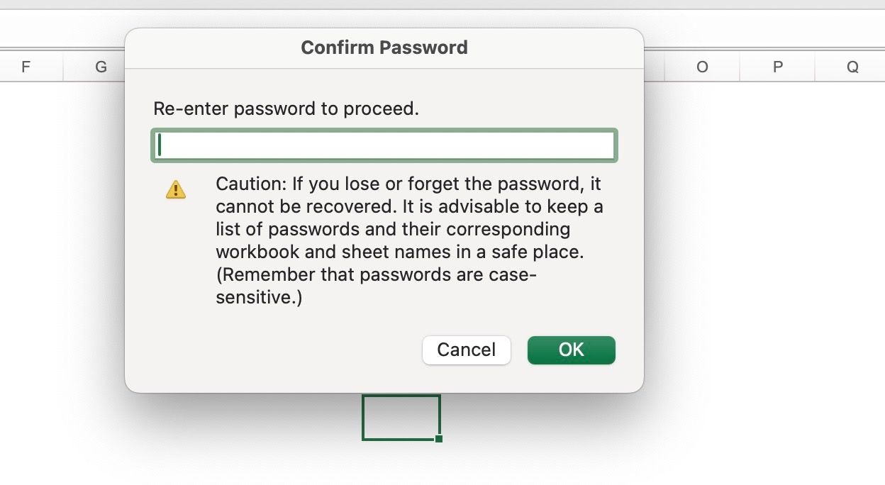 confirm password for Excel on Mac