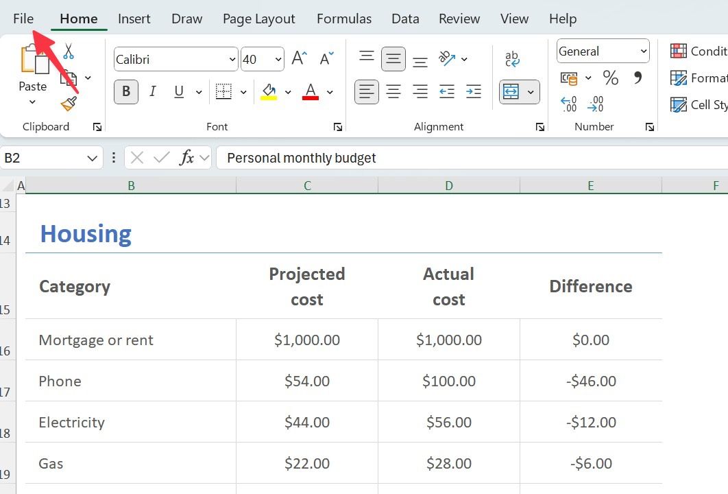 Excel file menu