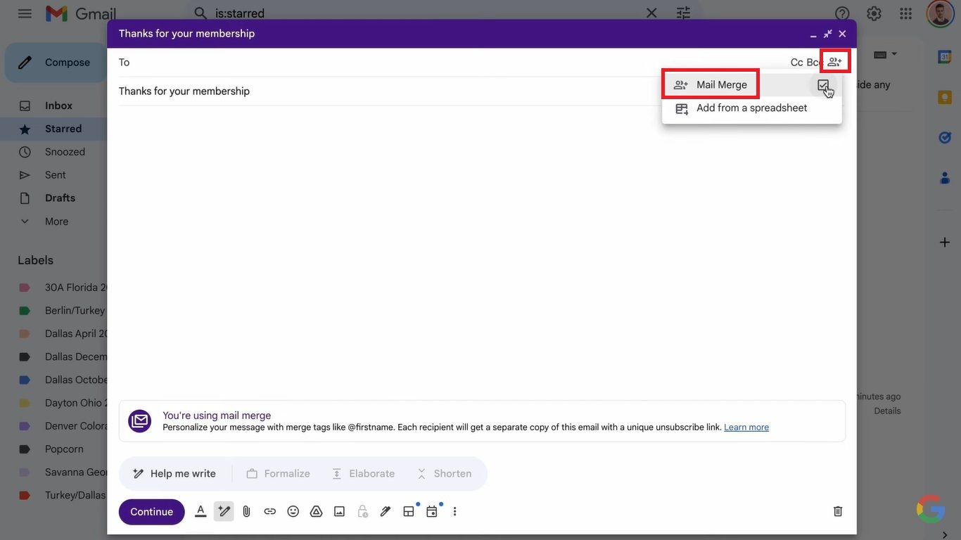 Screenshot highlighting the Mail Merge option in Gmail