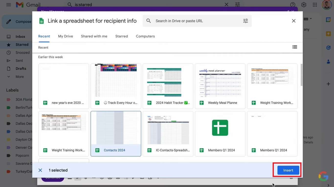 Screenshot highlighting 'Insert' in Gmail