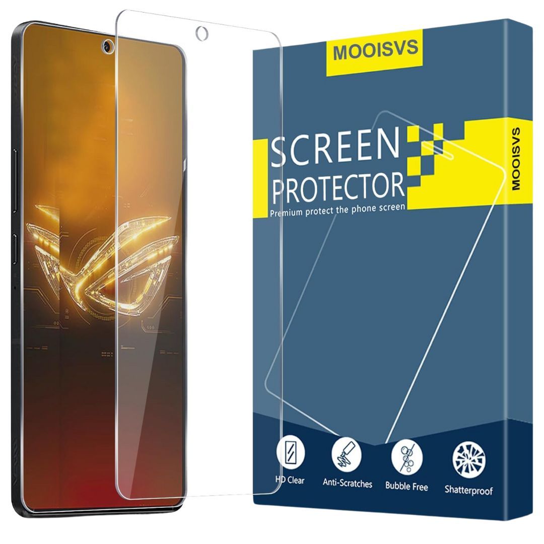 A transparent screen protector next to a smartphone and a blue box