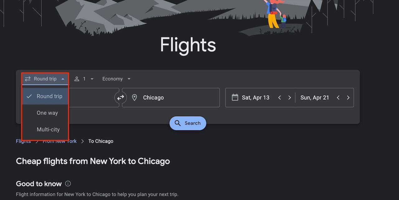 Multi city trip option on Google Flights website