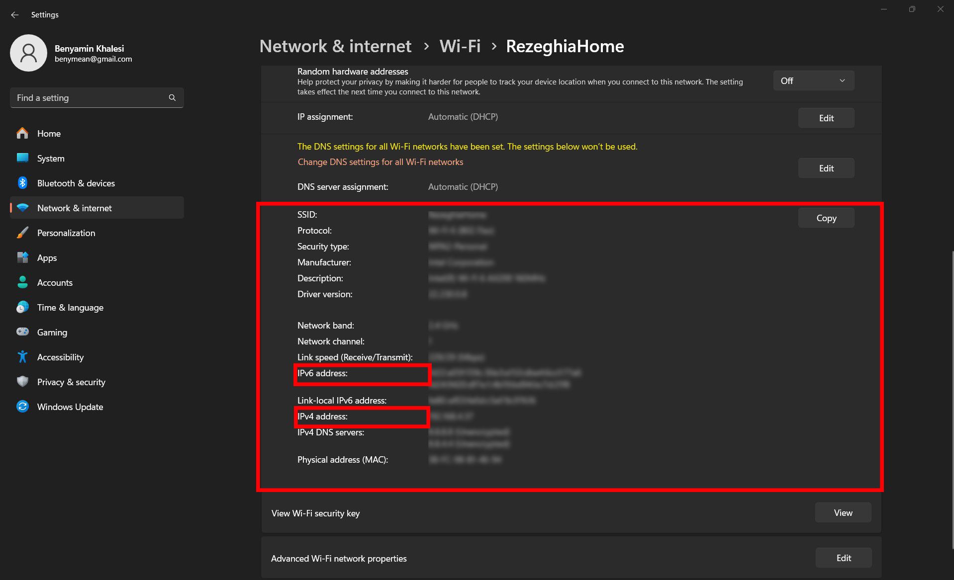 A screenshot of the Wi-Fi settings for 'RezeghiaHome' on a Windows computer. Detailed network properties such as SSID, protocol, security type, IPv4 and IPv6 addresses are visible.