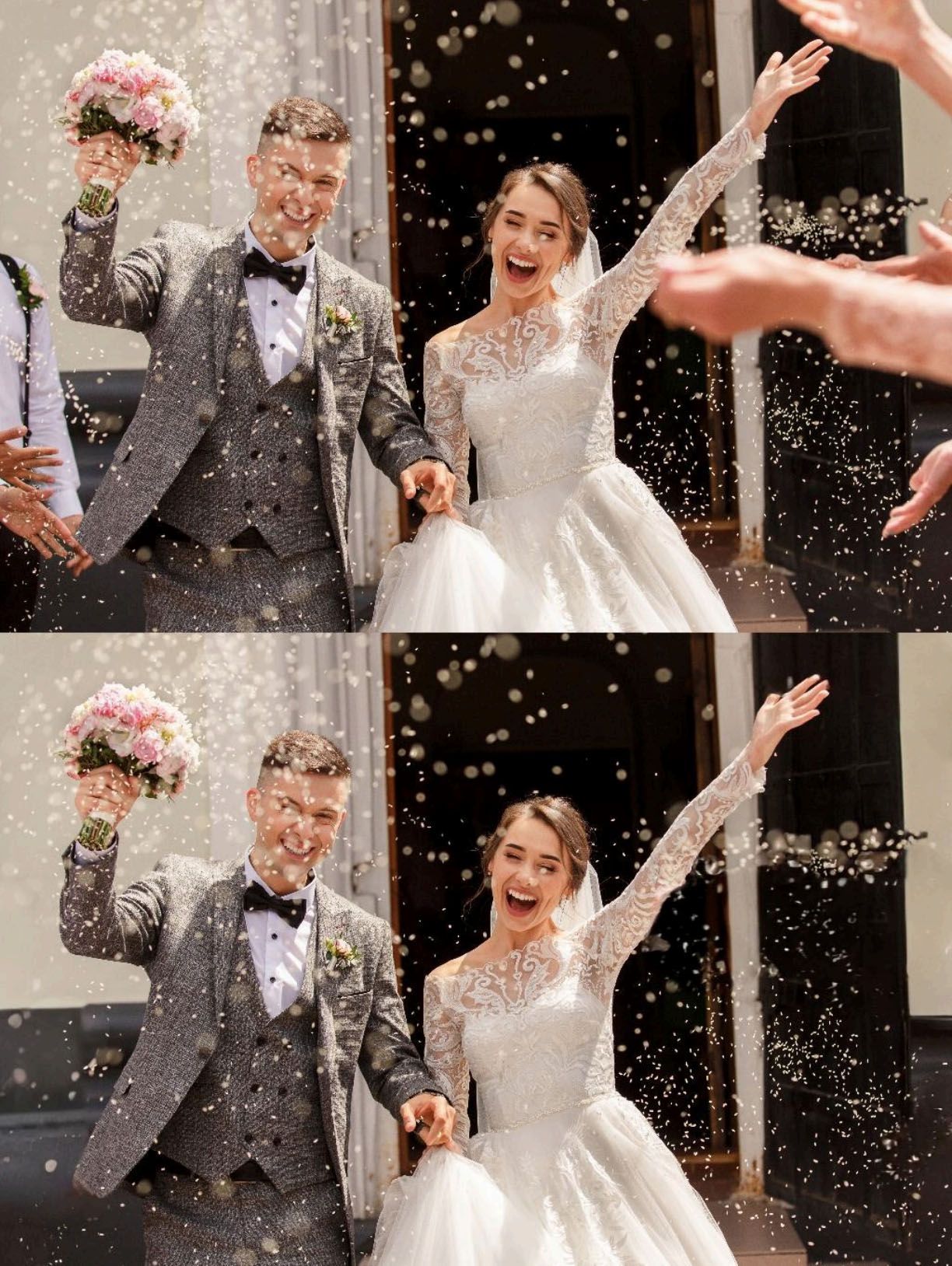 Two near-identical photos of a bride and a groom, the bottom one edited by AI object removers.