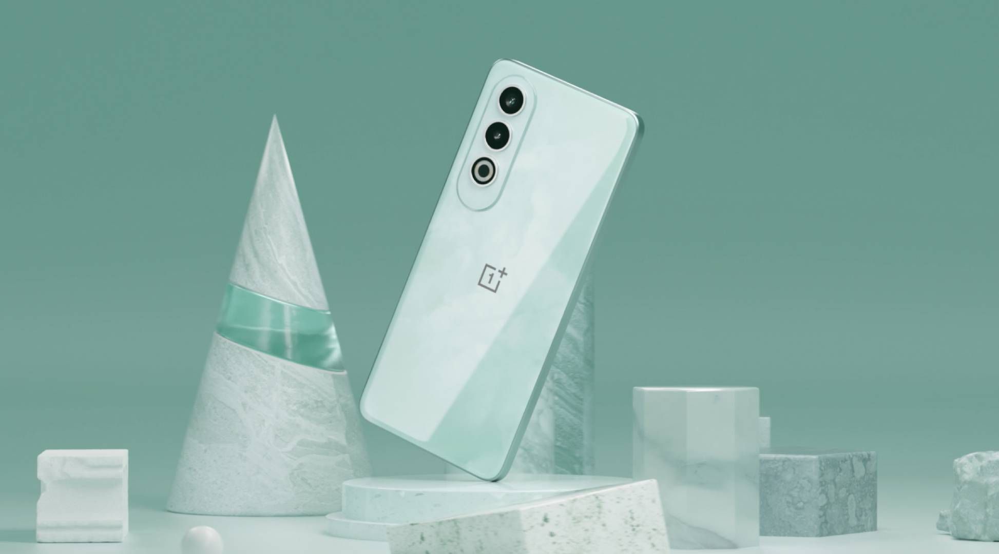 A render of the OnePlus Nord CE 4 placed near 3D shapes made of stone