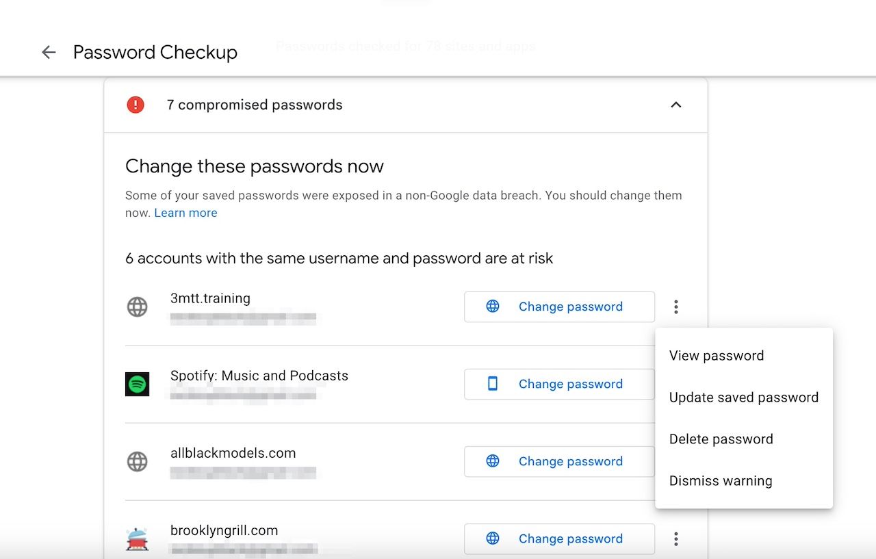 Password Checkup options on computer browser