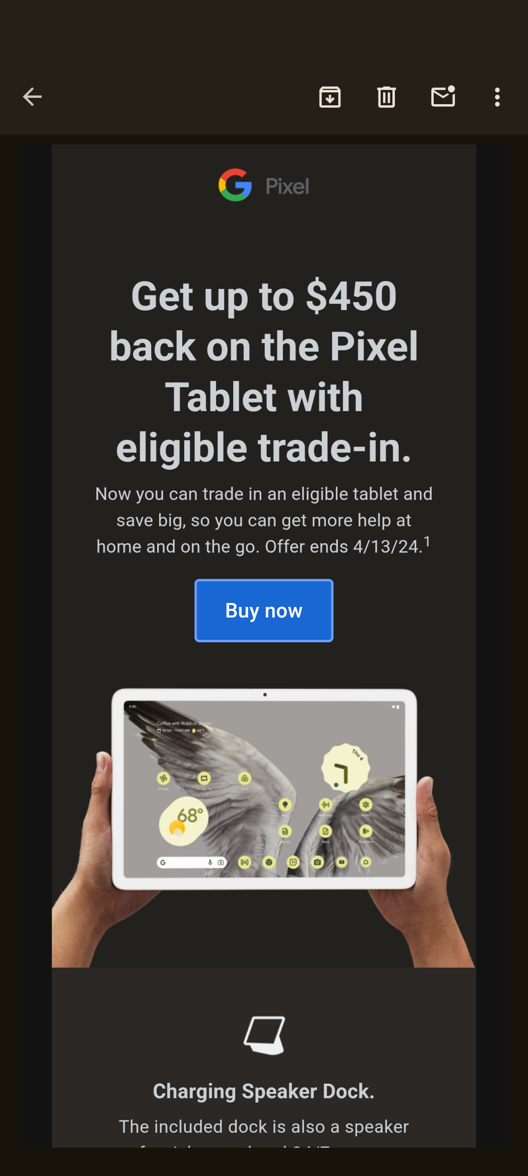 A screenshot of an email advertising trade-in discounts for the Pixel Tablet on the Google Store