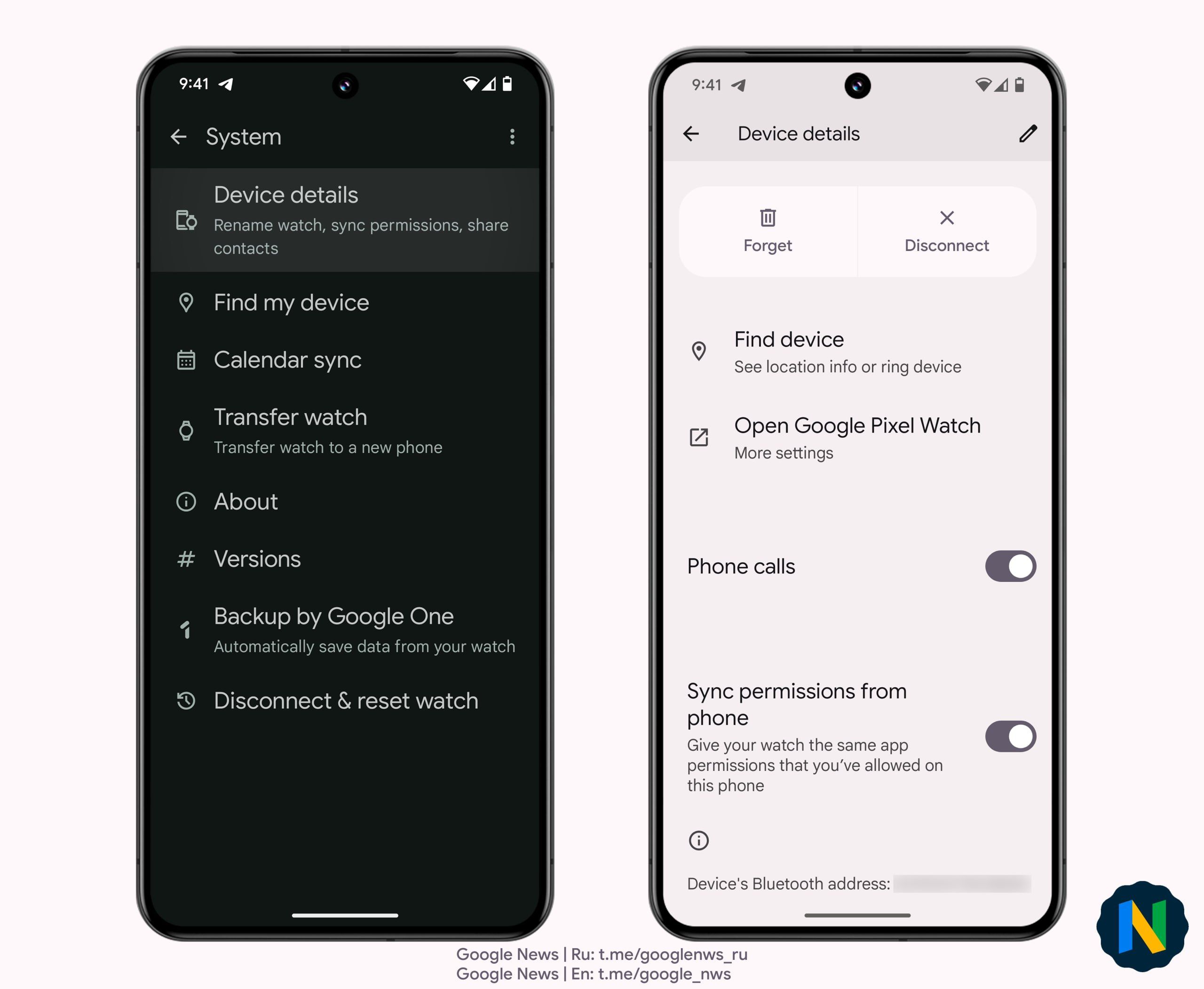 Two screenshots of Pixel Watch settings