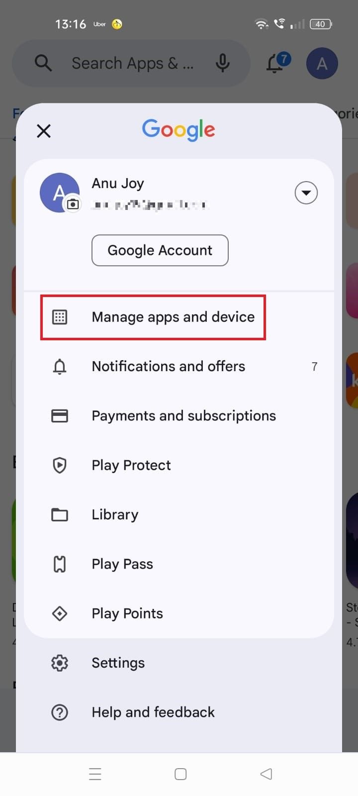 Screenshot Highlight Manage apps and devices in the Google Play Store