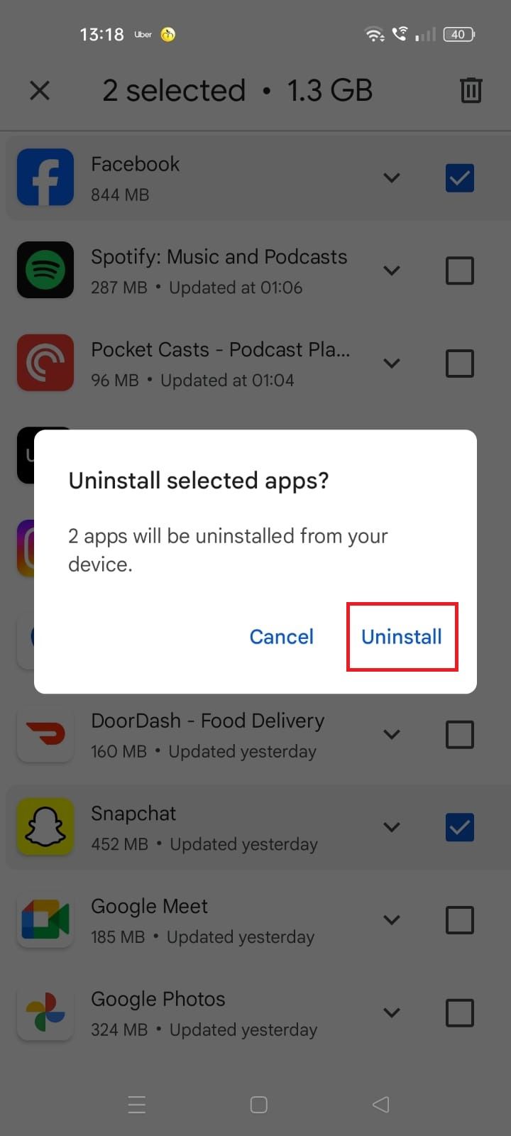 A screenshot highlighting the Uninstall option in the Google Play Store