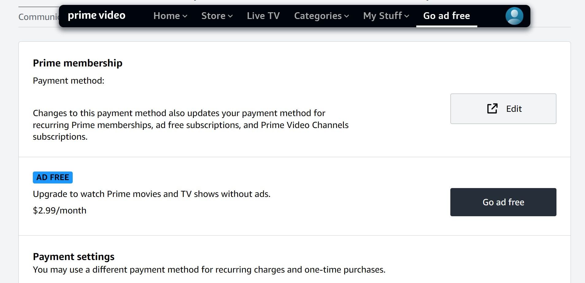 Showing the "Ad Free" option in Prime Video for the desktop website method.