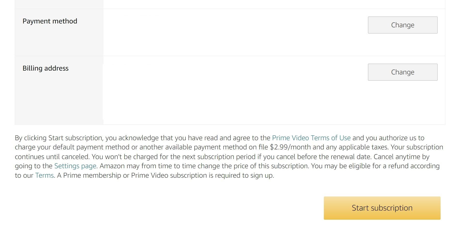 Showing the "Start subscription" button in Prime Video for the desktop website method.