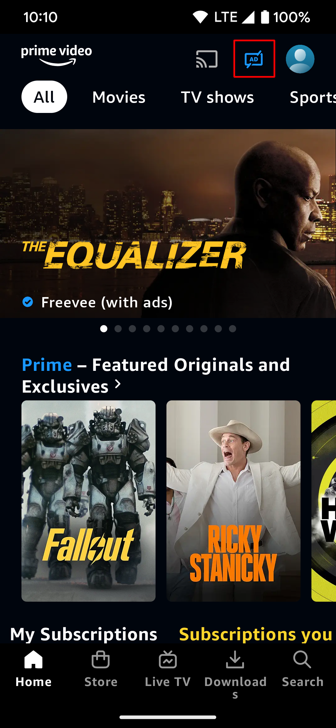 Highlighting the ad-free button for Prime Video on the Android app.