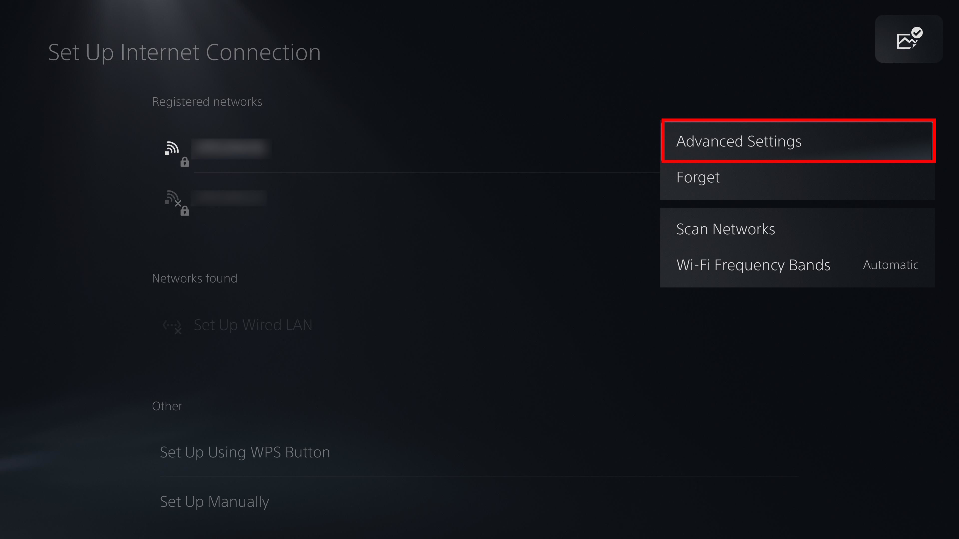 red rectangle outline over advanced settings in ps5 set up internet connection page