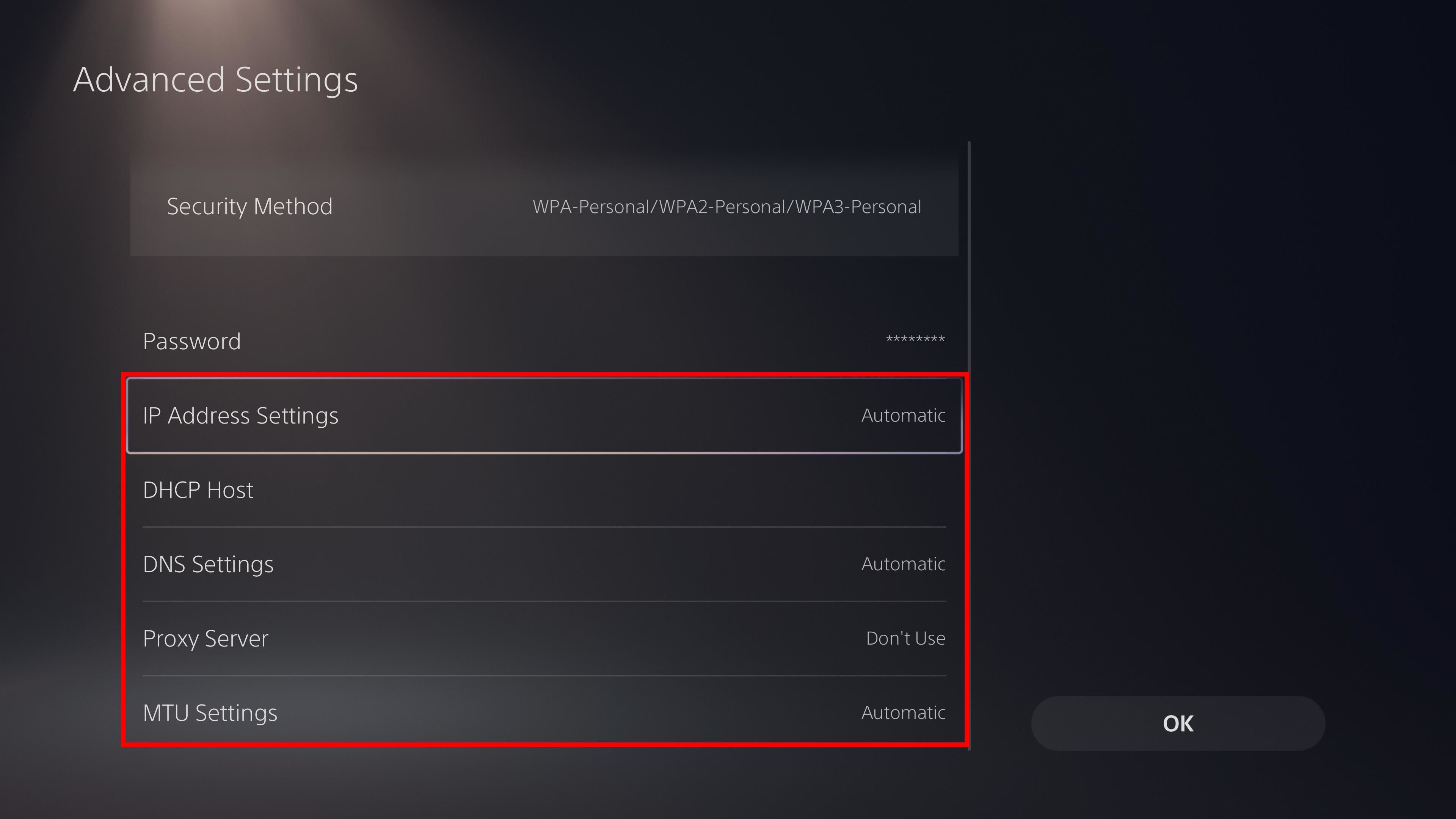 red rectangle outline highlighting the list of advanced settings on the PS5 set up internet connection page