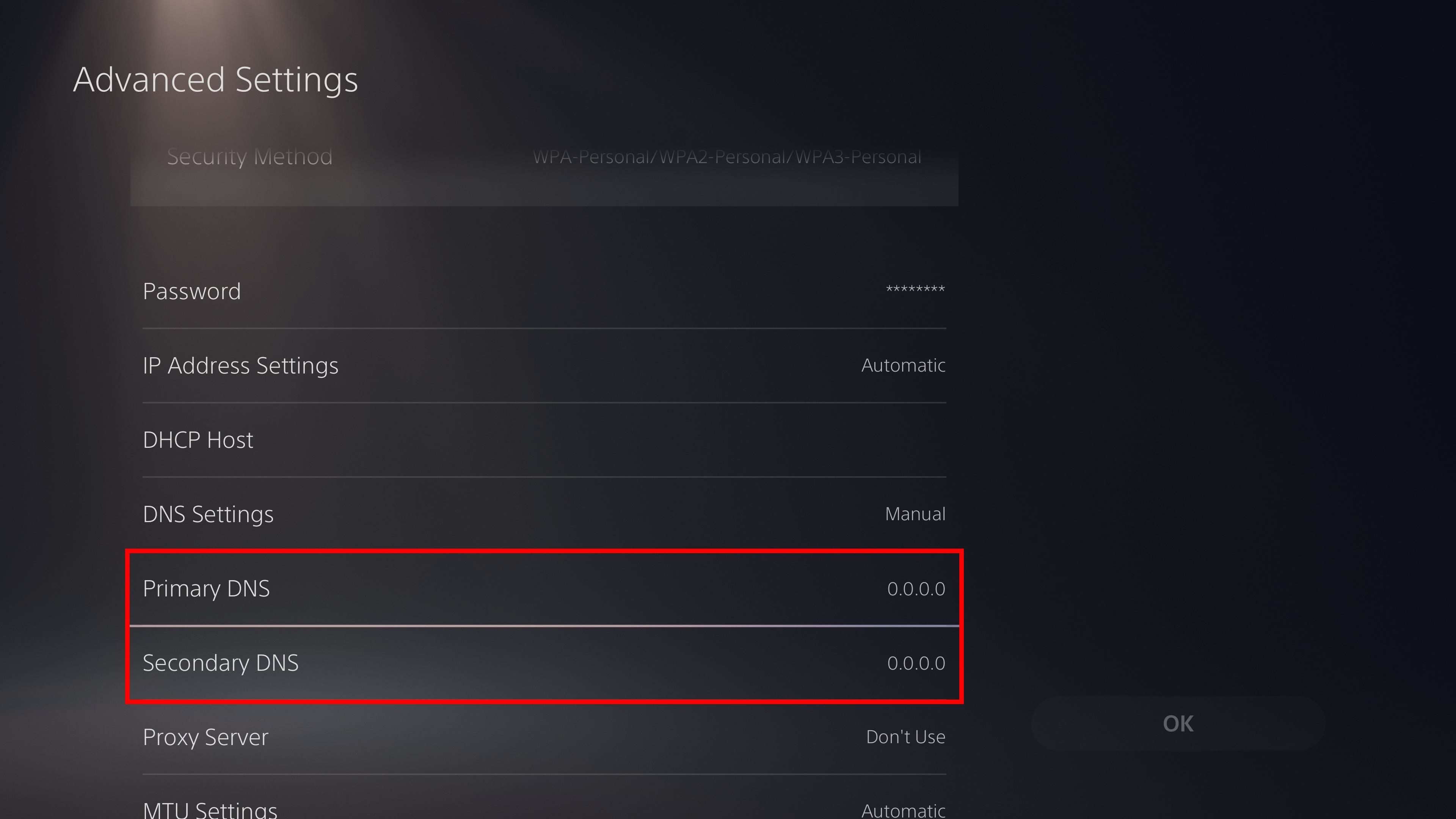 red rectangle over primary dns and secondary dns in ps5 dns settings