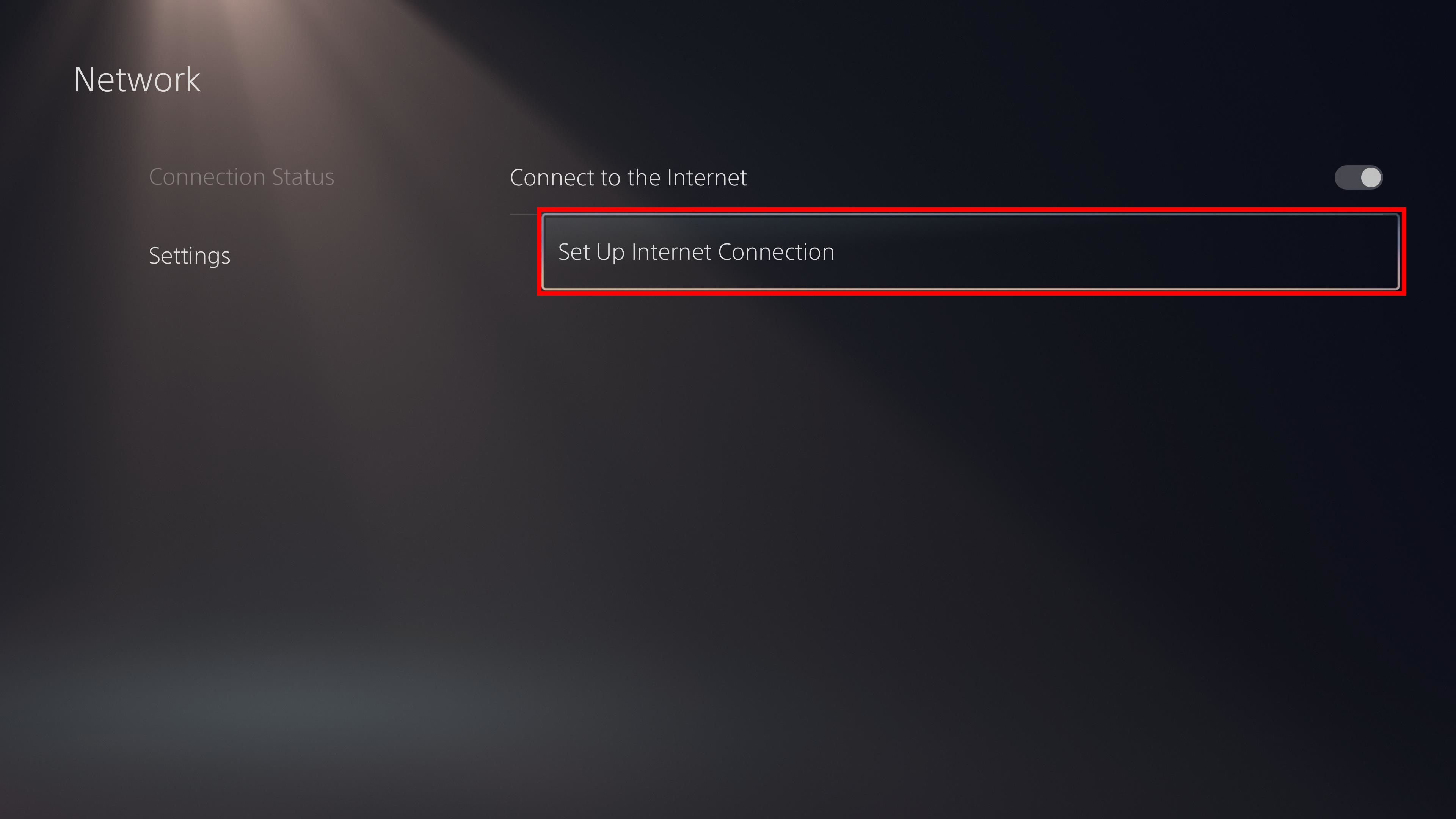 red rectangle outline over set up internet connection option in ps5 network settings