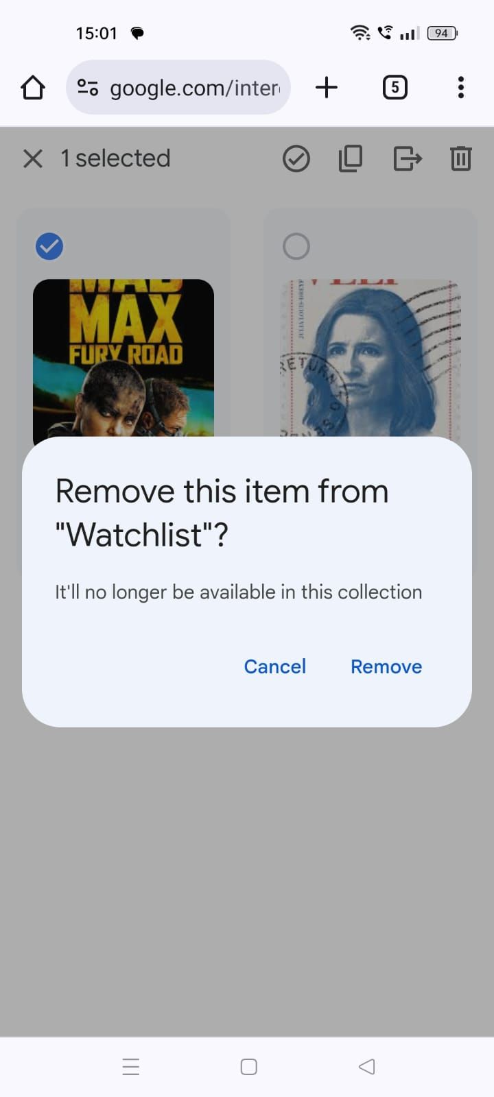 Screenshot showing the Remove option on the Watchlist page