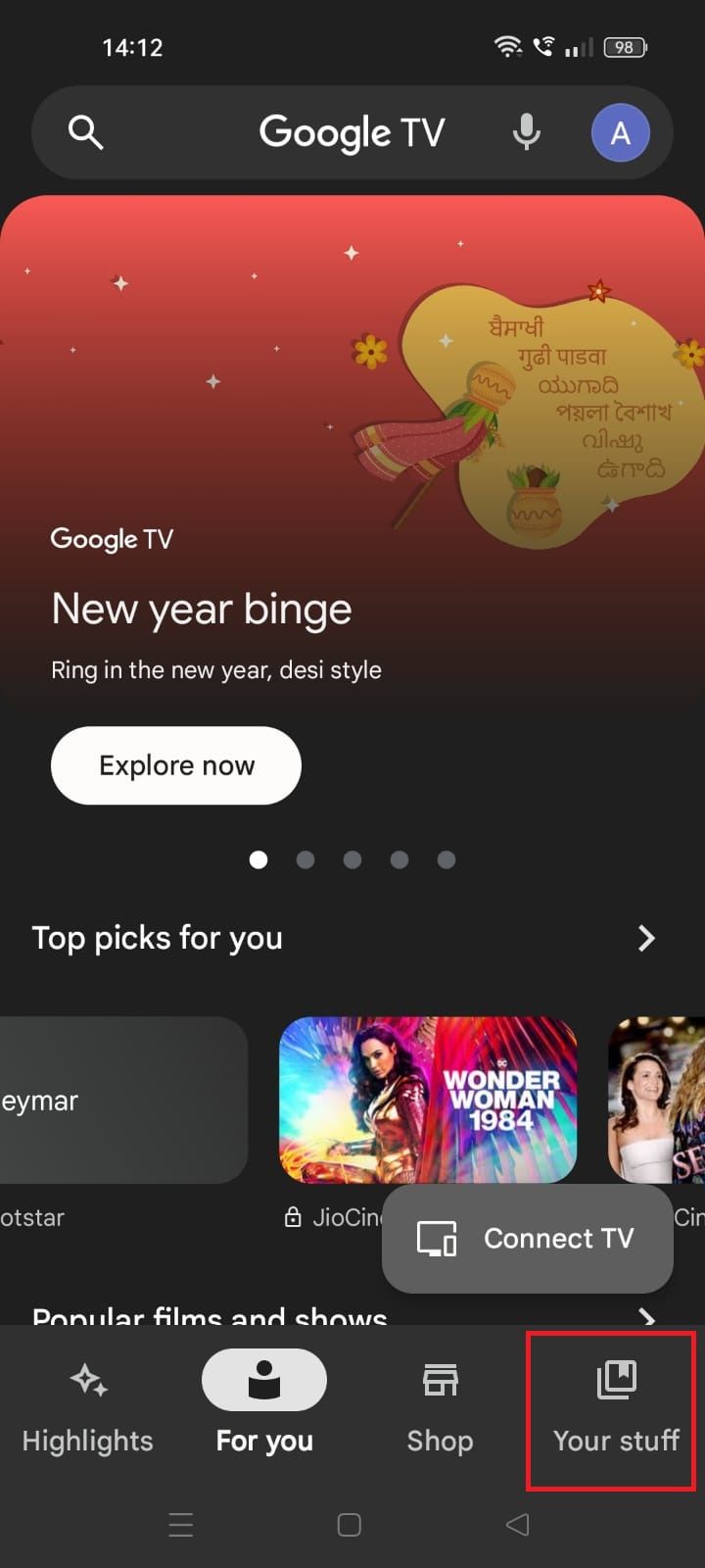 Screenshot showing the 'Your stuff' tab on the Google TV app