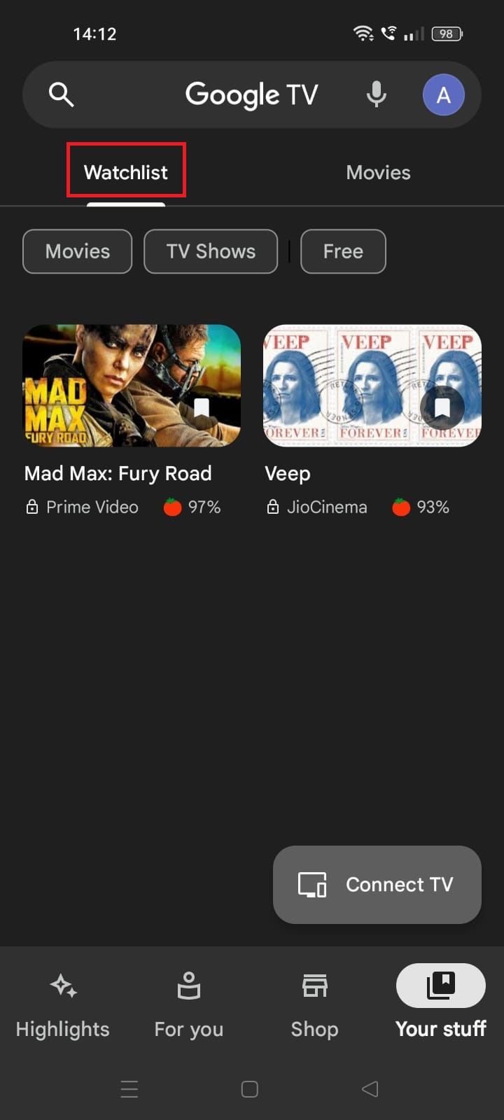 Screenshot showing the Watchlist page on the Google TV app