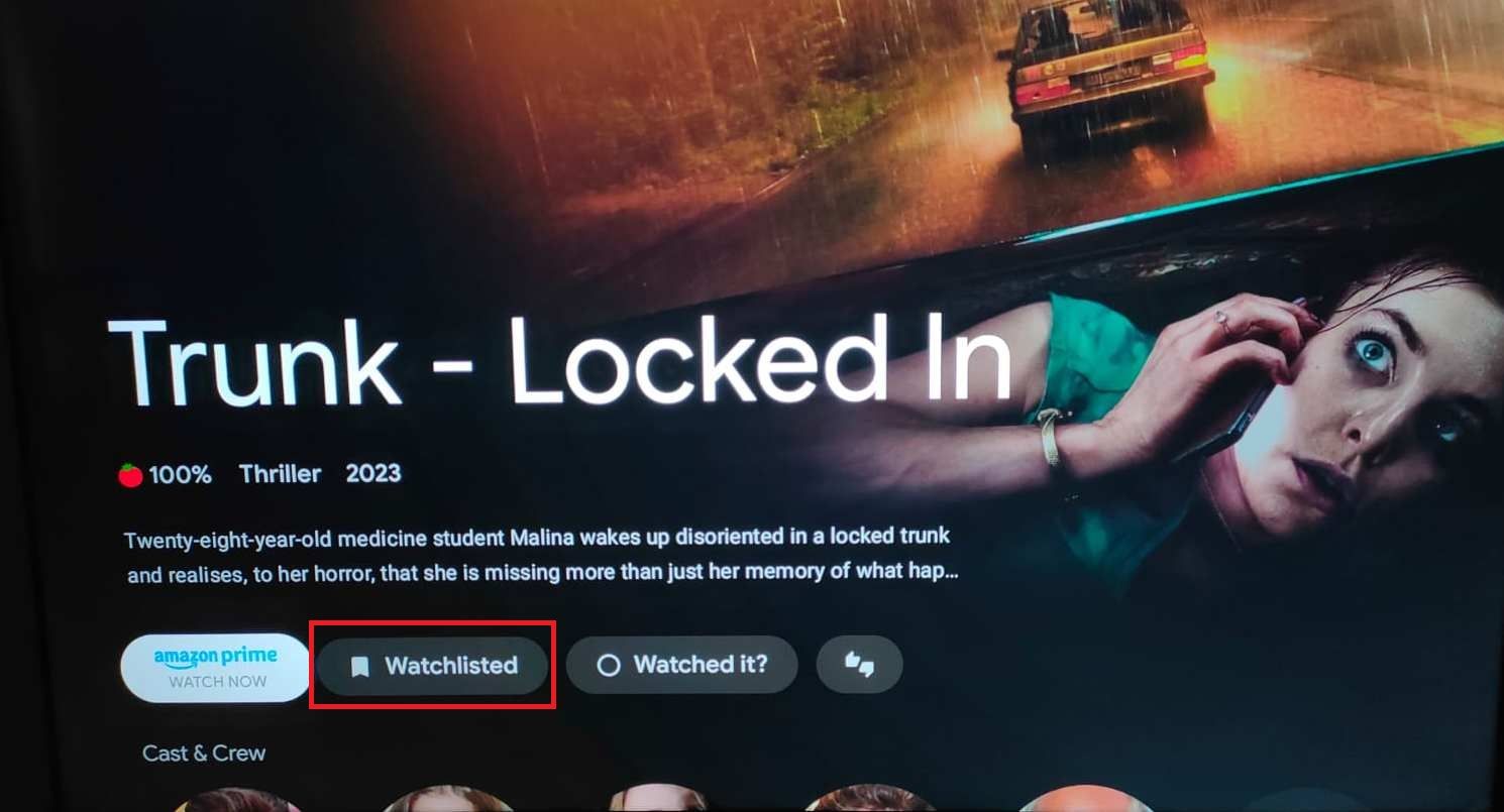 Screenshot highlighting 'Watchlisted' on the Google TV app