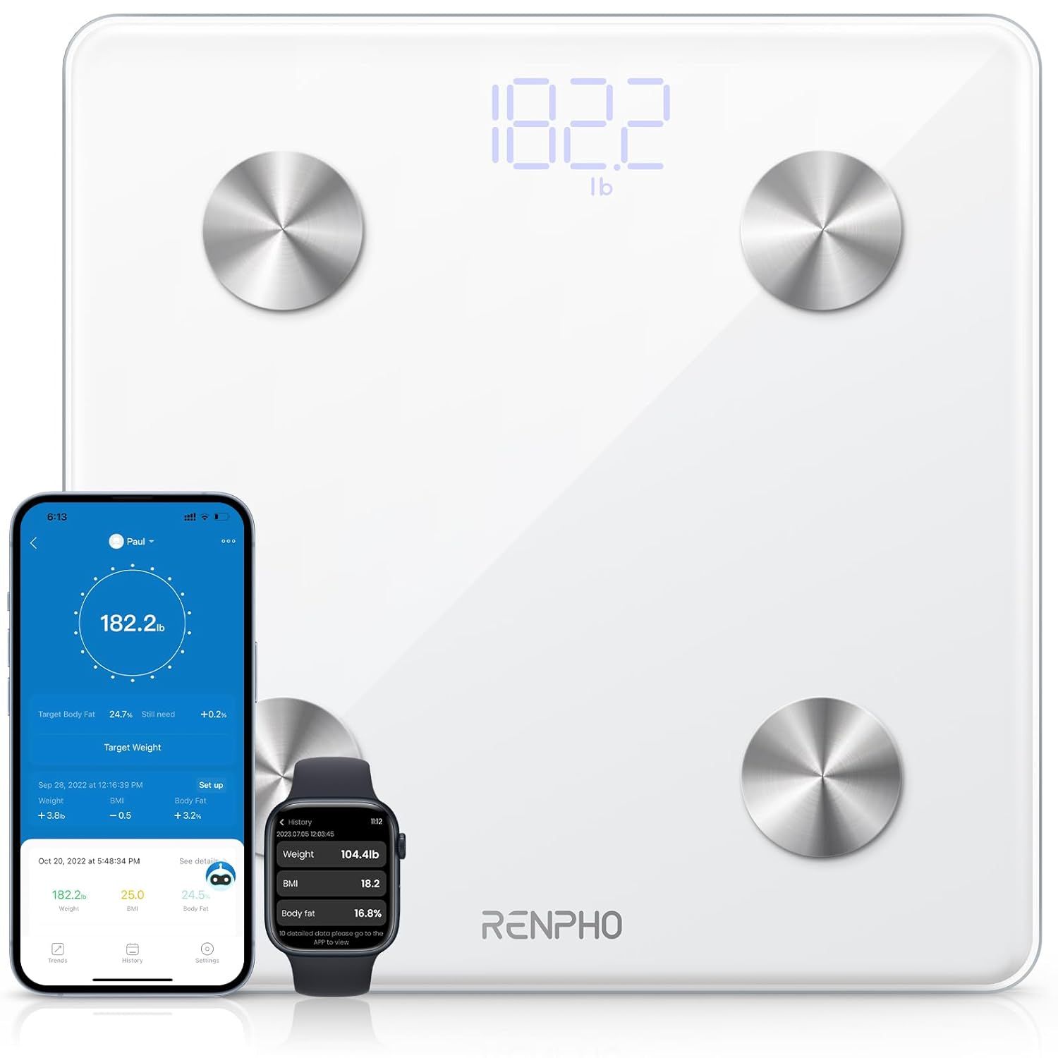 renpho smart scale, fron view with app