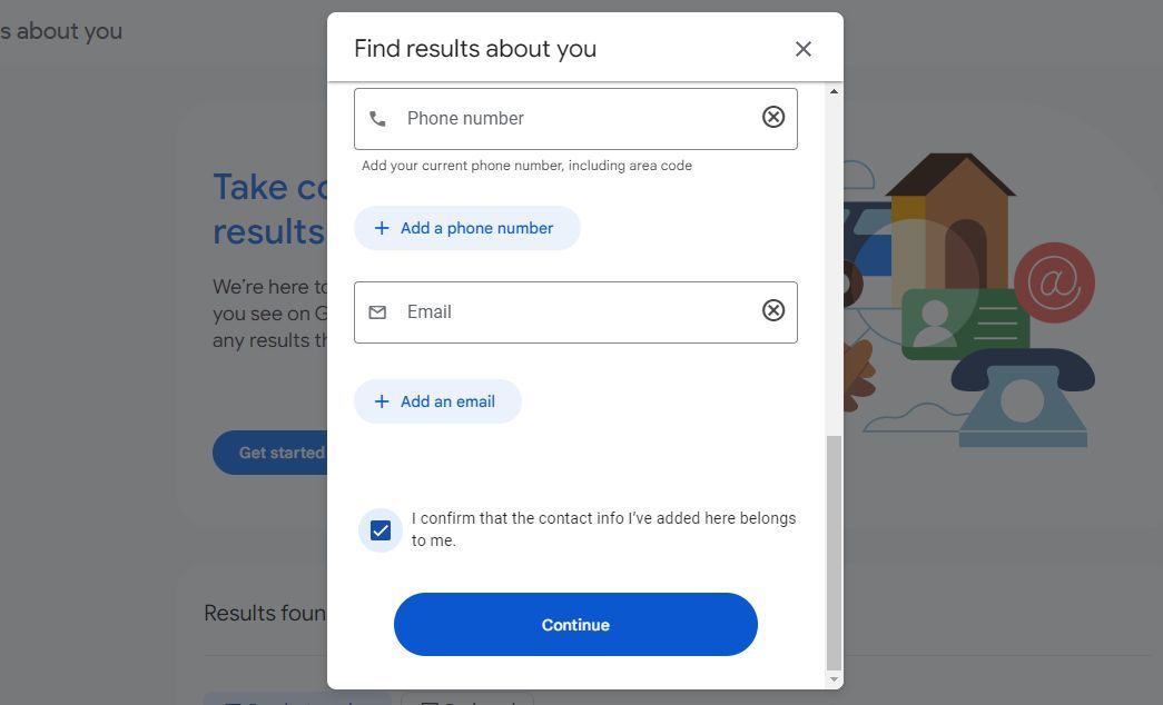 Screenshot showing the Continue option in the Find Results about you page