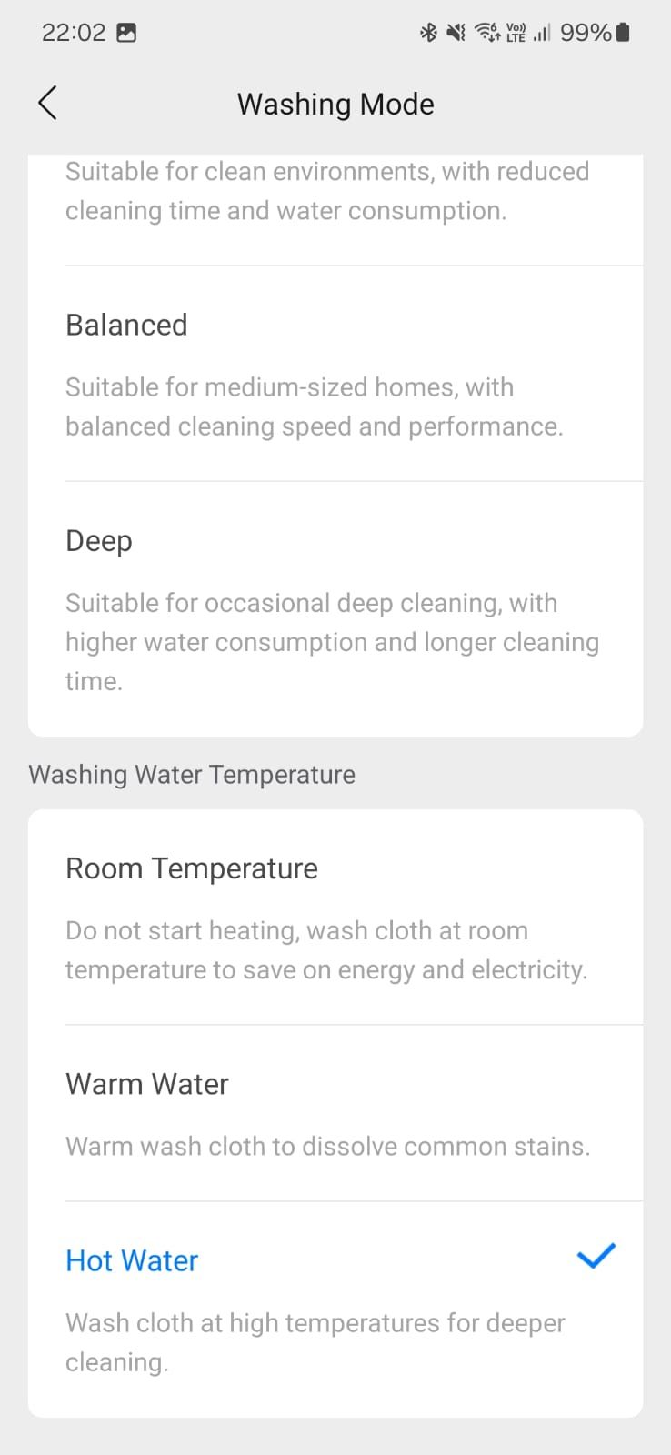 Screenshot of the Roborock app showing the washing settings