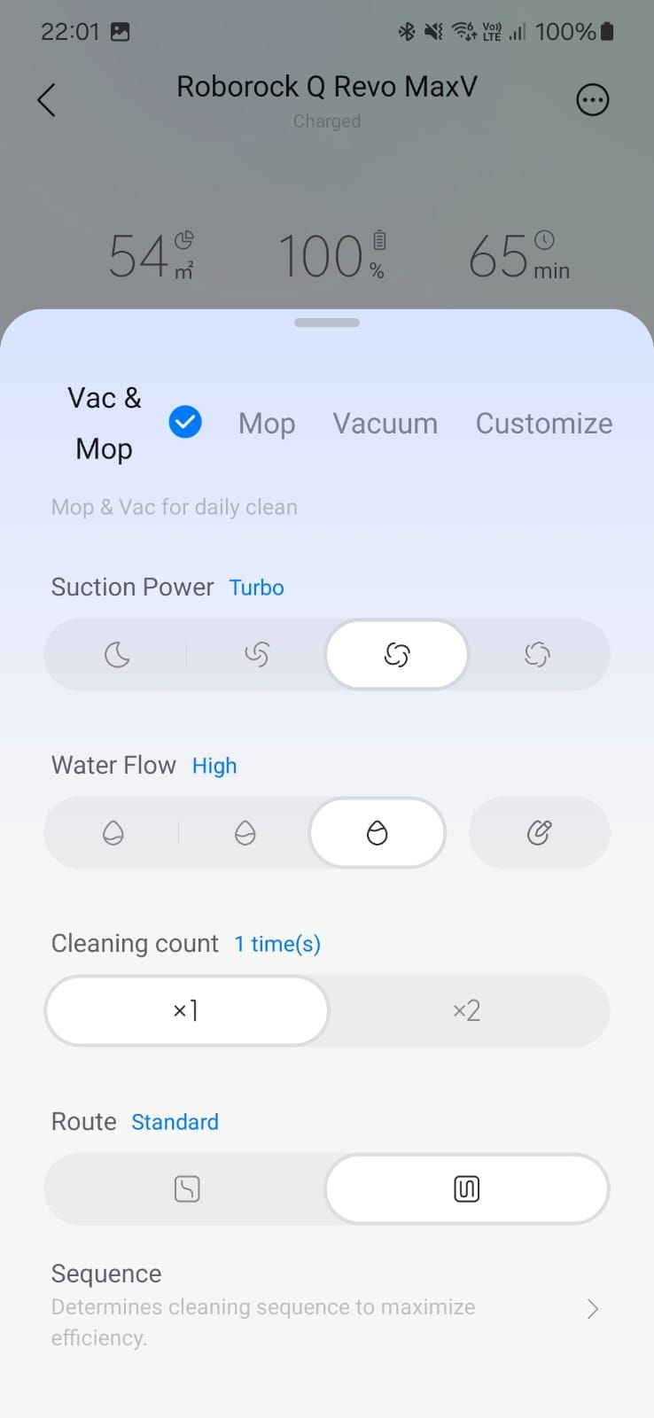 Screenshot of the Roborock app showing the cleaning settings