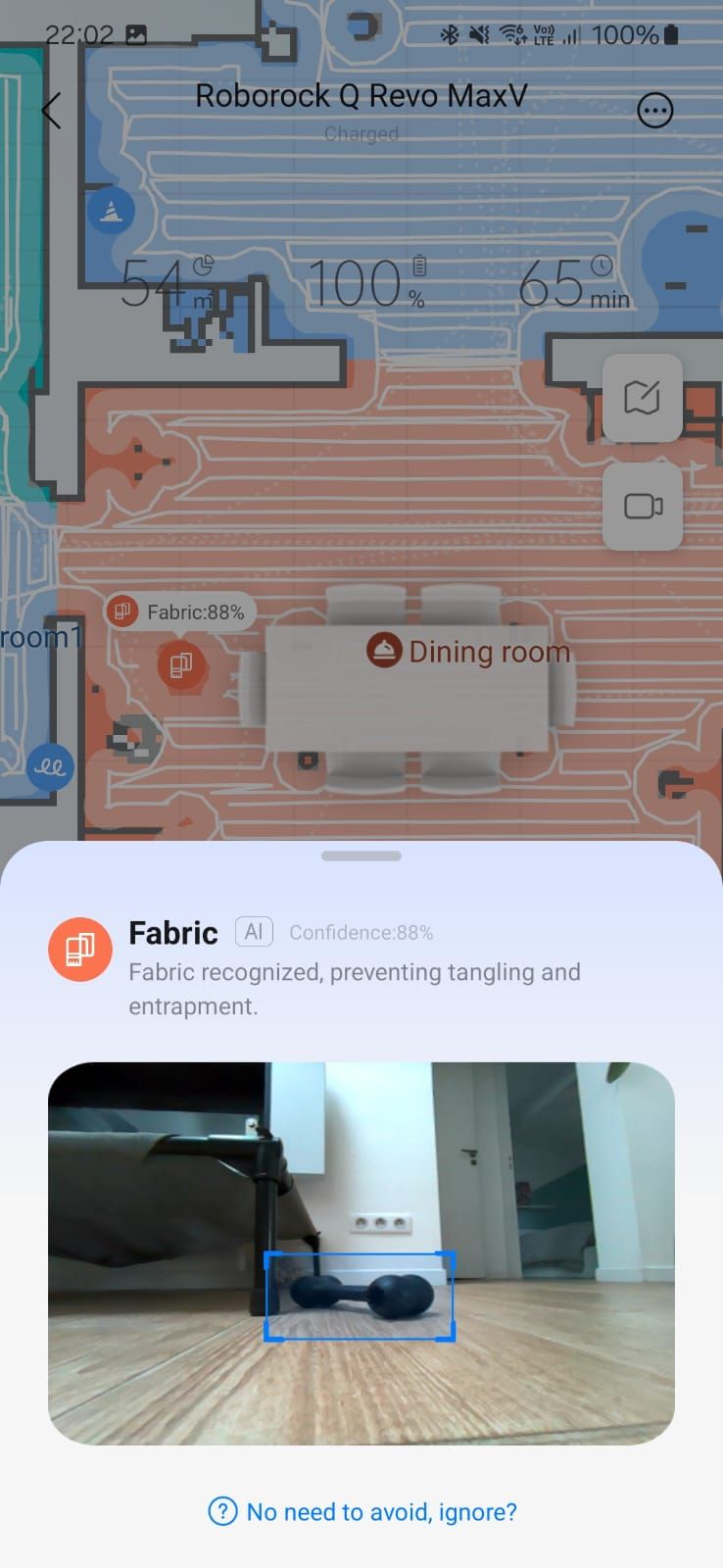 Screenshot of the Roborock app showing the obstacle detection