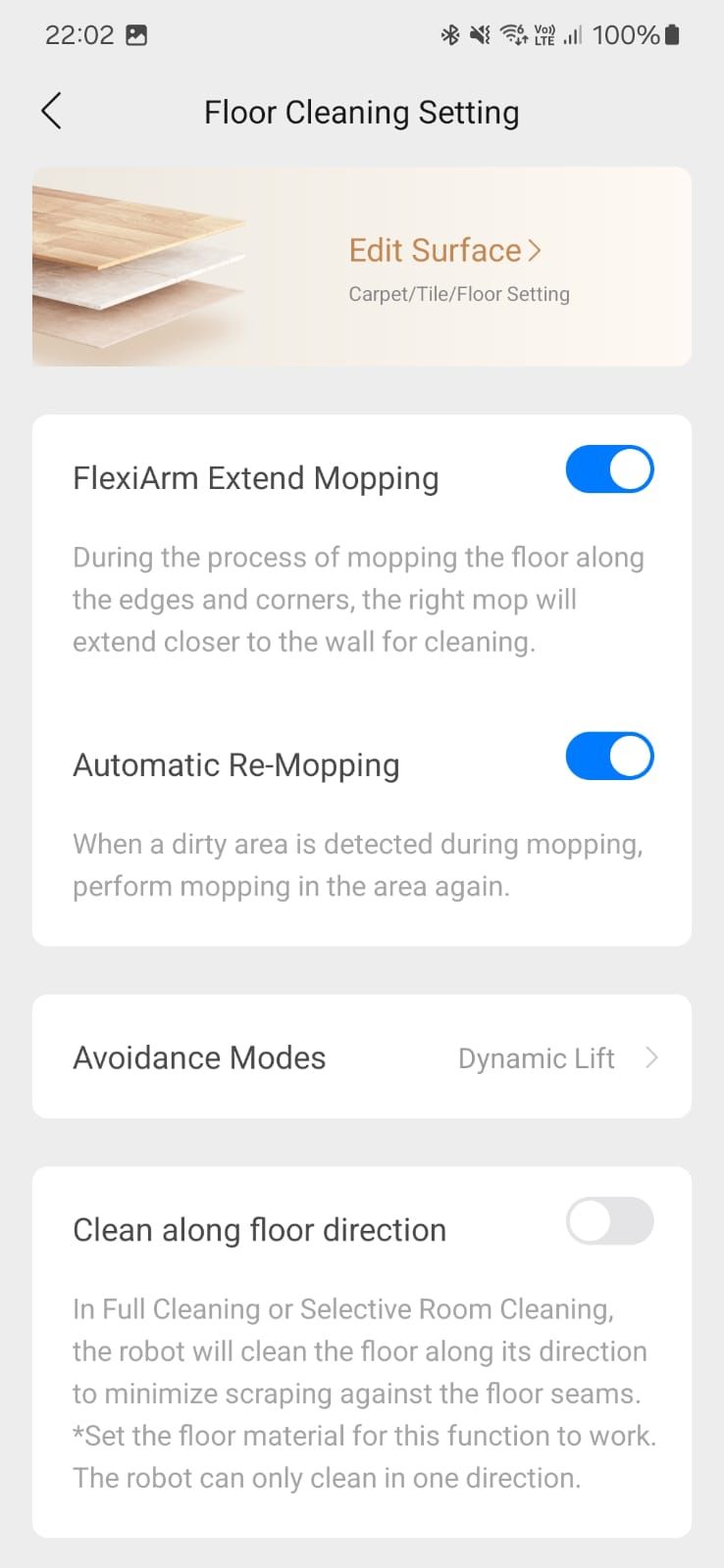 Screenshot of the Roborock app showing the floor cleaning settings