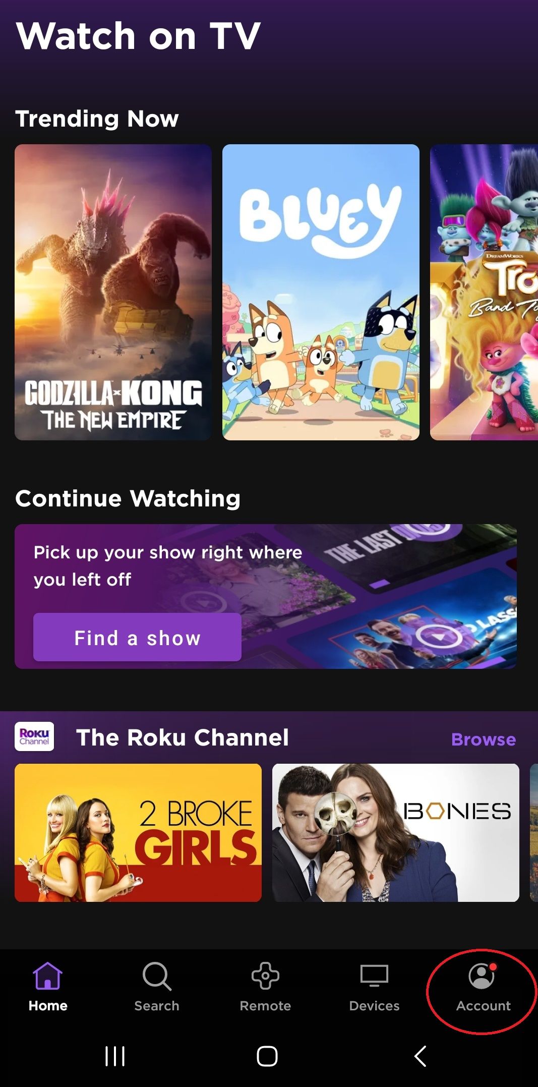 Screenshot of the Roku app showing the Account button