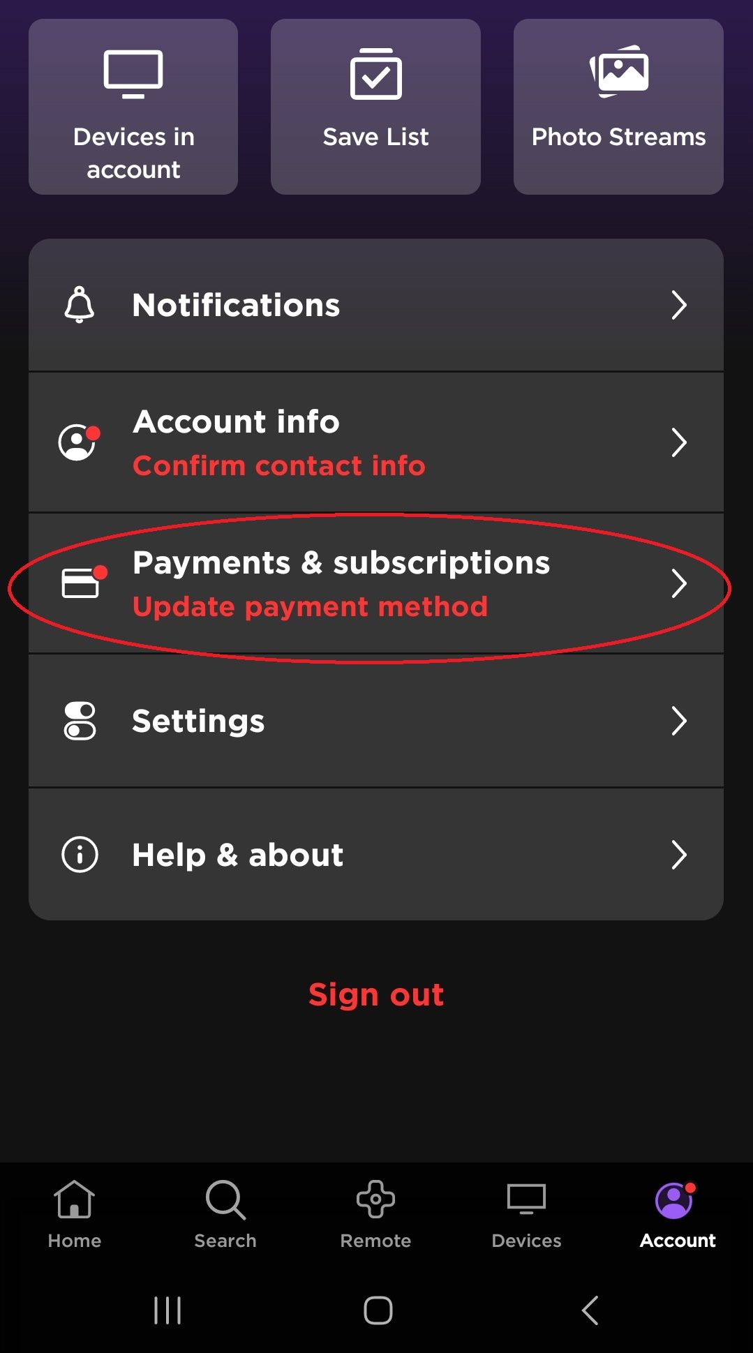 Screenshot of the Roku app showing Payments and subscriptions