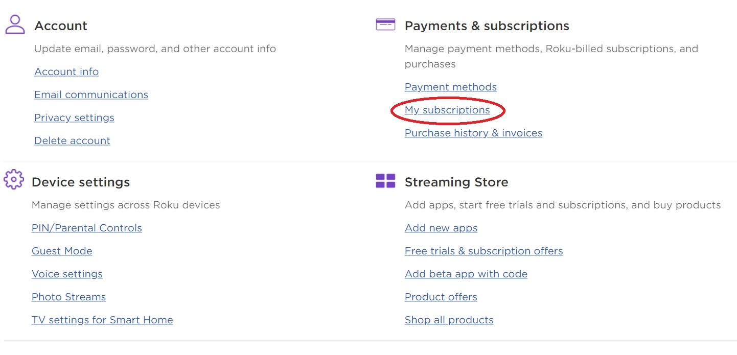 Screenshot of the My subscriptions option from Roku.com