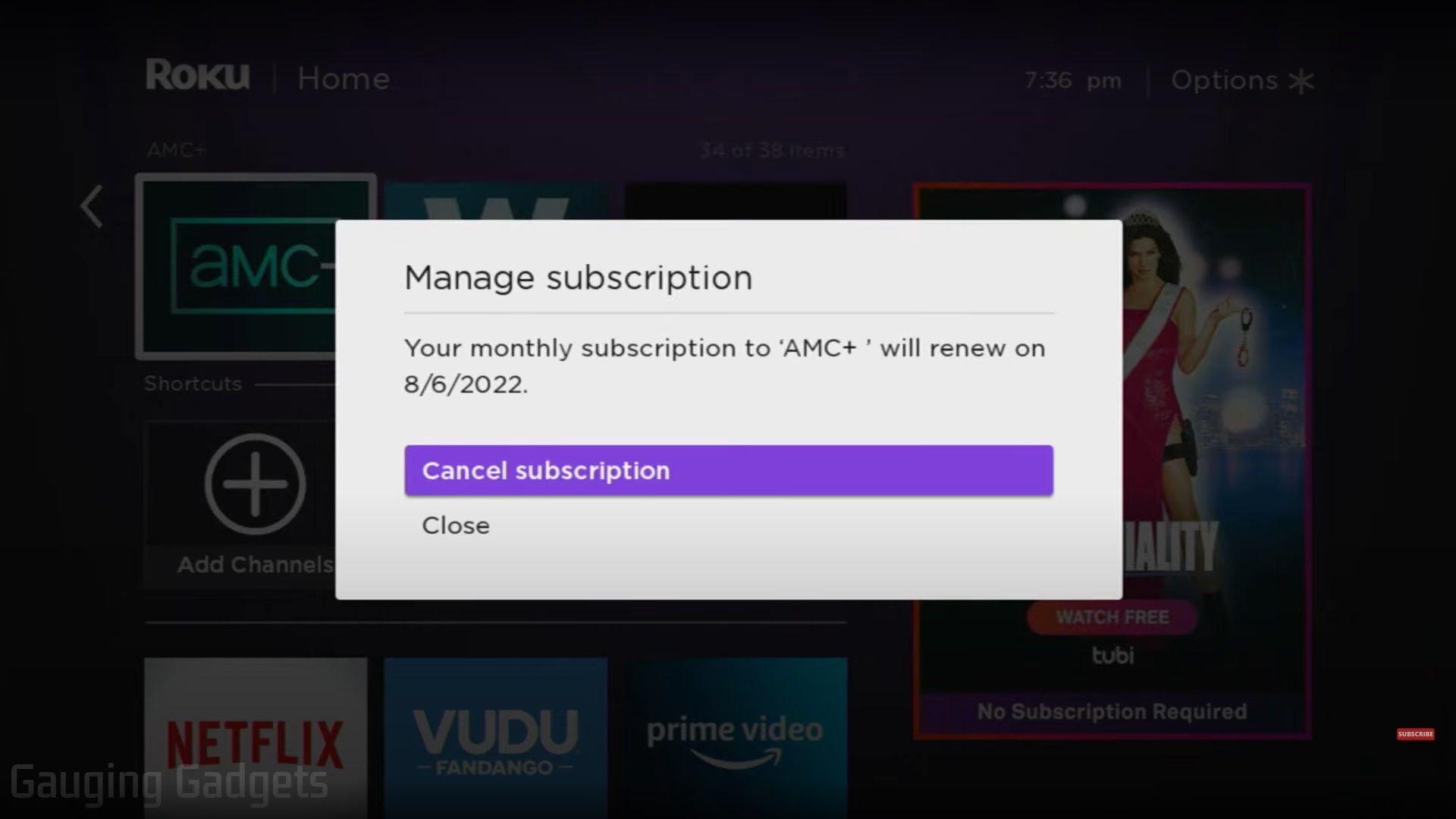 Screenshot of the Roku TV interface showing the Cancel subscription option