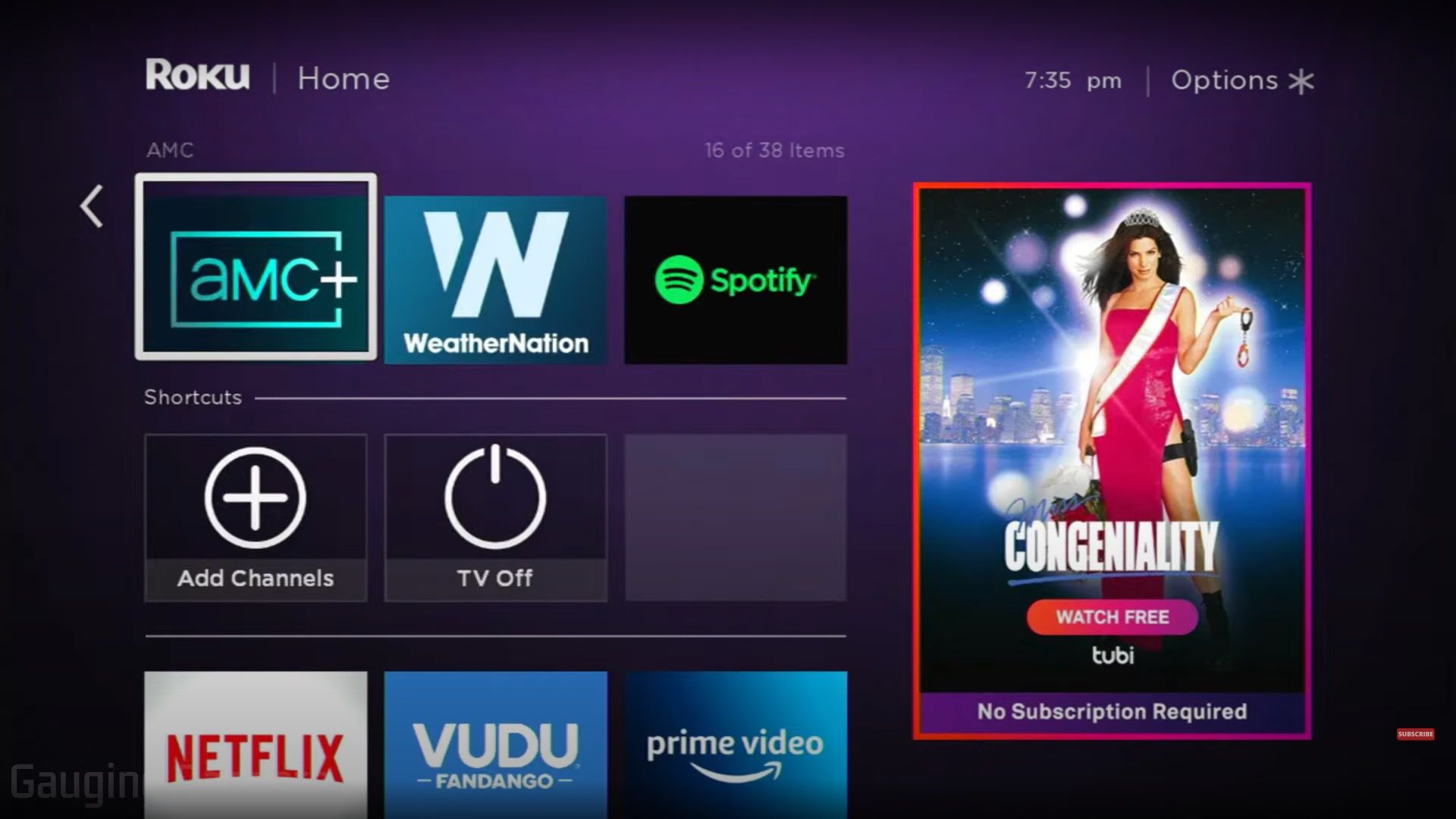 Screenshot of the Roku TV interface with AMC+ selected