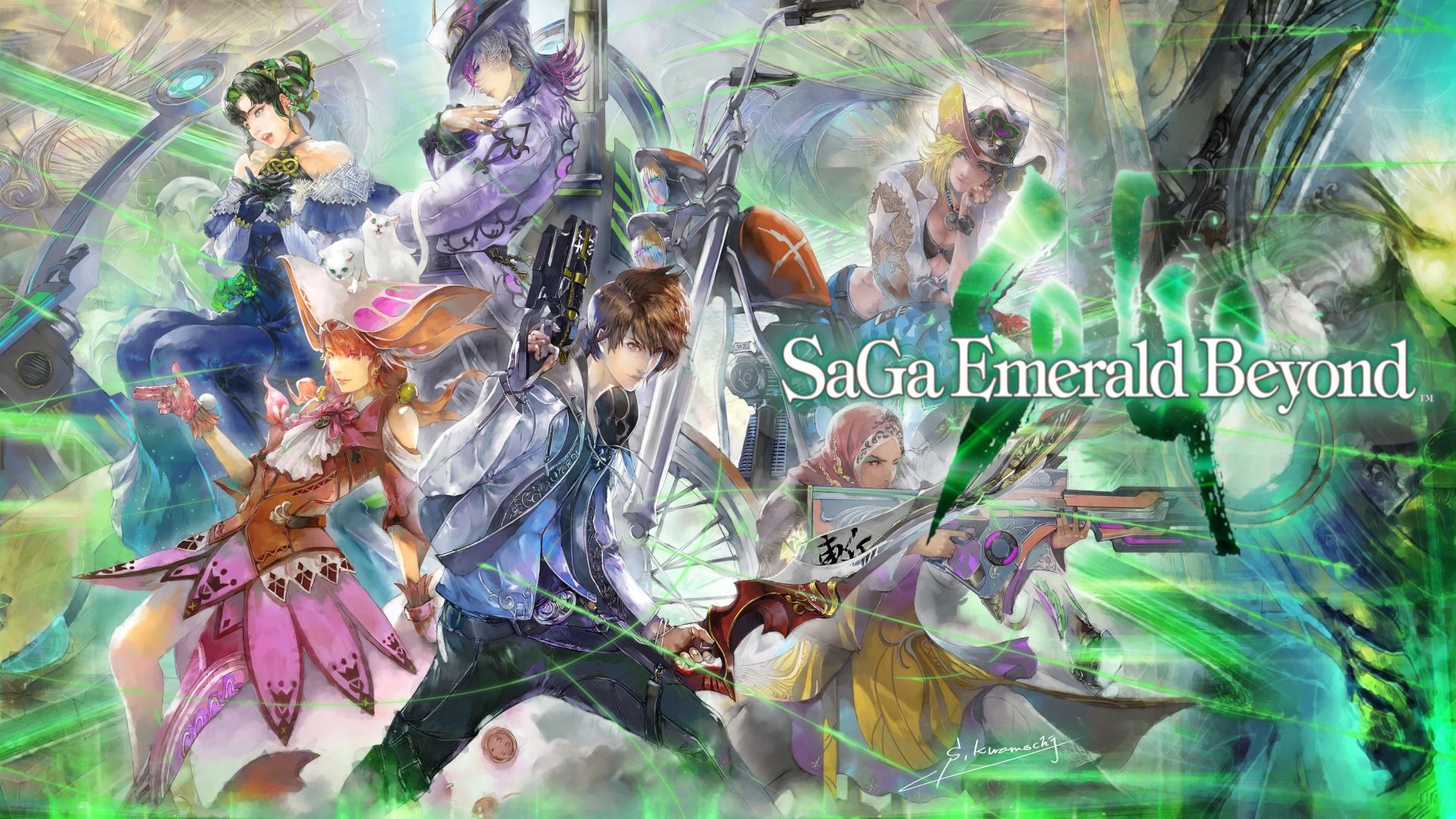 SaGa Emerald Beyond character art showing several characters with green background