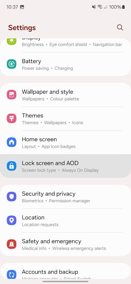 samsung galaxy settings app with lock screen and AOD highlighted