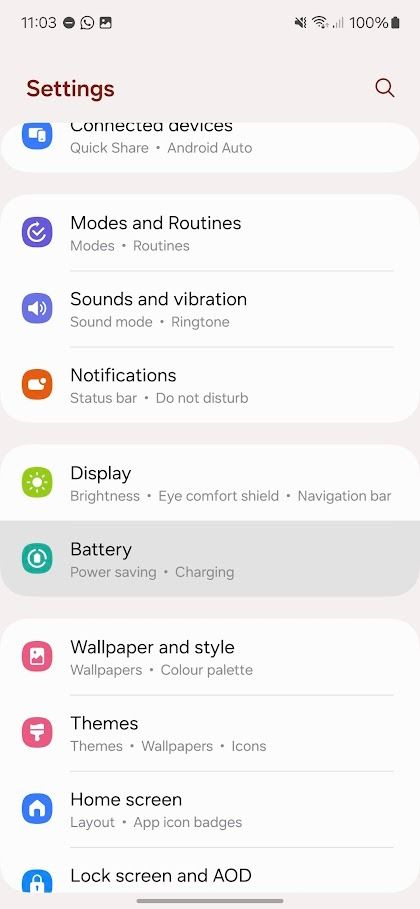 samsung galaxy settings app with battery highlighted