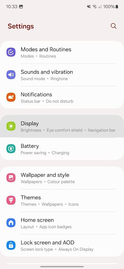 samsung galaxy settings app with display highlighted