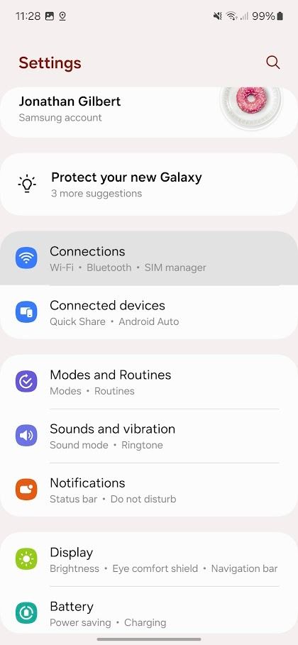 samsung galaxy settings page with connections highlighted