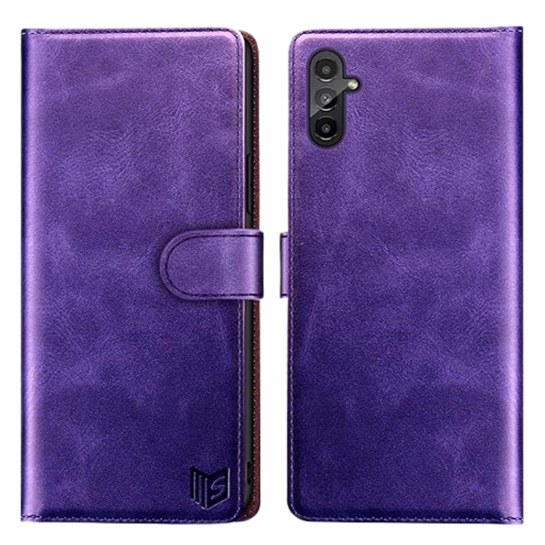 A photo of a Galaxy A14 in a purple Saunpot wallet case