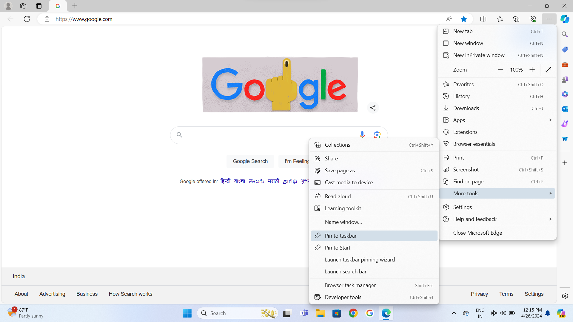 Select the three horizontal dots in the top-right corner of the browser, and choose More tools and Pin to taskbar.