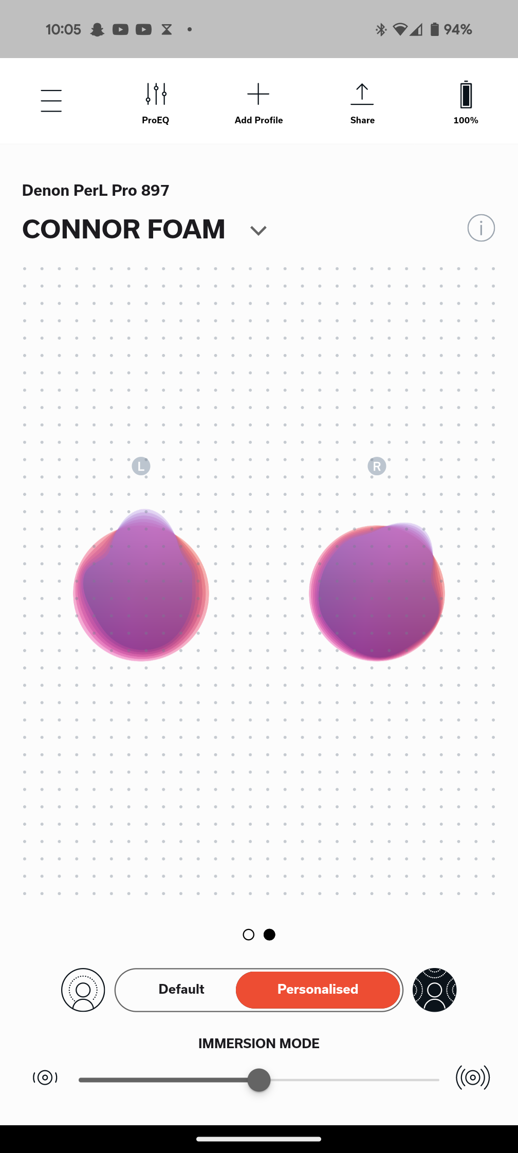 Custom audio display for the Denon Headphones app, with stylized representations of each ear's sensitivities for the sound spectrum
