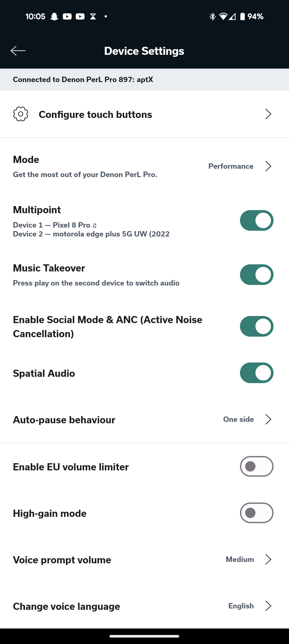 The device settings menu in the Denon Headphones app, which displays options for configuring touch buttons, switching between performance and battery saving modes, multipoint audio settings, active noise cancellation, and auto-pause behavior.