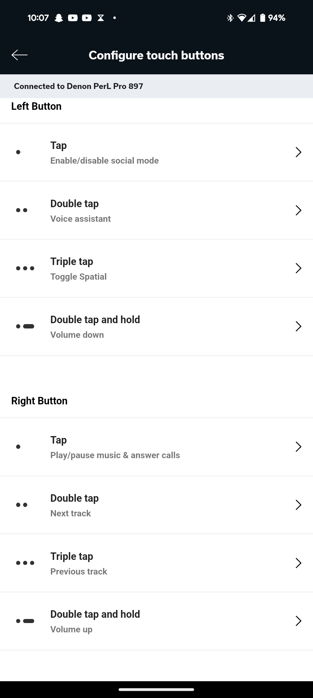 Touch control settings in the Denon Headphones app, which displays 8 different control options selected via 4 different gestures on the earbuds